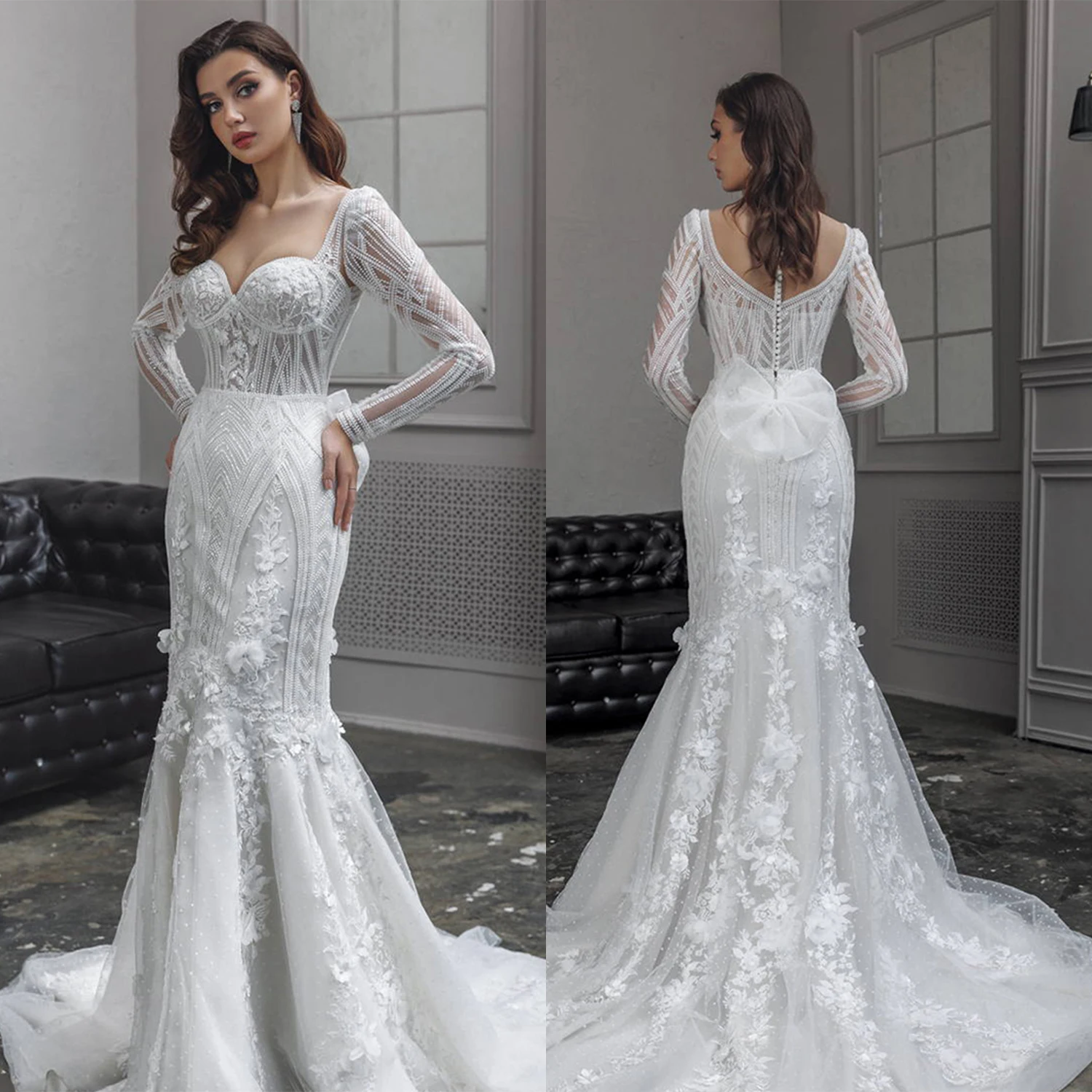 Romantic Mermaid Wedding 3D-Floral Appliques Bridal Gowns Bow Long Sleeves Bride Dresses Illusion Custom Made 
Romantic Mermaid Wedding 3D-Floral Appliques Bridal Gowns Bow Long Sleeves Bride Dresses Illusion Custom Made