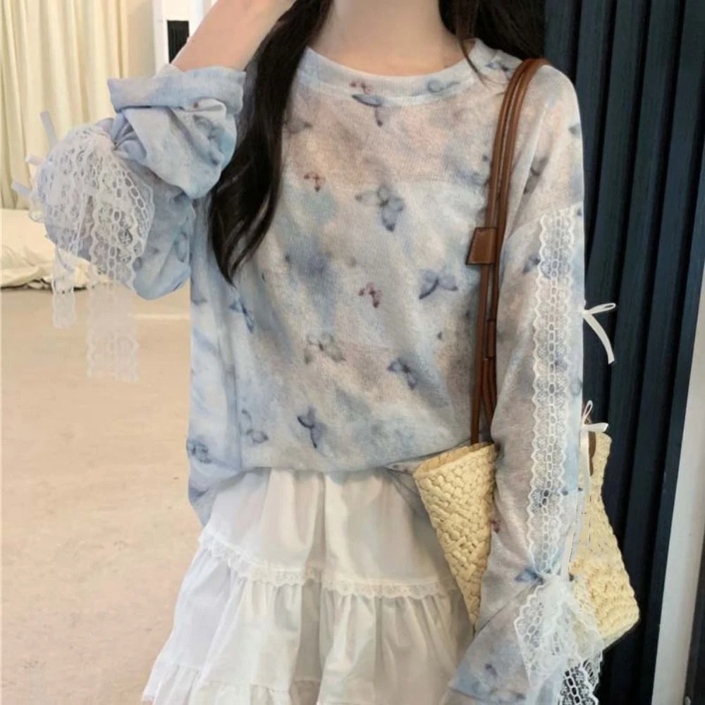 Stylish Transparent Long Sleeve T-shirt Bowknot Round Neck Lace Cover Up Tops See Through Butterfly T Shirts Women Y2k Spring
Stylish Transparent Long Sleeve T-shirt Bowknot Round Neck Lace Cover Up Tops See Through Butterfly T Shirts Women Y2k Spring