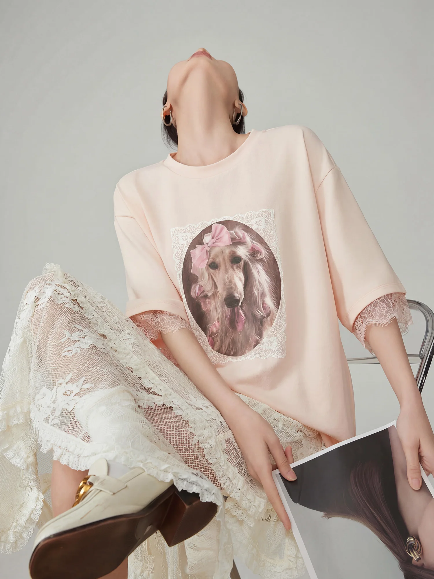 Lace Splicing Short Sleeve T-Shirt Dog Print Loose Casual Shoulder Drop T-Shirt for Women Summer New Style Polyester Fabric
Lace Splicing Short Sleeve T-Shirt Dog Print Loose Casual Shoulder Drop T-Shirt for Women Summer New Style Polyester Fabric