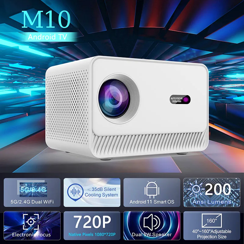 The M10 mini projector is equipped with Android 11, dual WiFi6, Bluetooth 5.0, 200 ANSI lumens, native support for 720P
The M10 mini projector is equipped with Android 11, dual WiFi6, Bluetooth 5.0, 200 ANSI lumens, native support for 720P