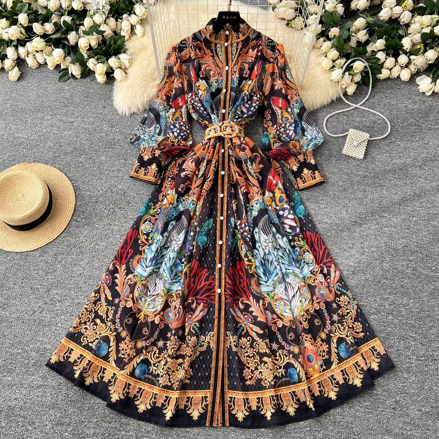 Spring Autumn Bohemian Chiffon Maxi Dress Women's Turtleneck Lantern Sleeve Single Breasted Vintage Print Belt Holiday Vestidos
Spring Autumn Bohemian Chiffon Maxi Dress Women's Turtleneck Lantern Sleeve Single Breasted Vintage Print Belt Holiday Vestidos