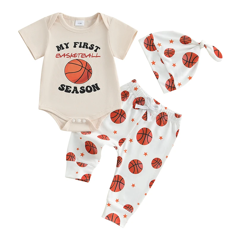 Baby Summer Outfits Short Sleeve Round Neck Romper with Basketball Print Pants and Hat 3 Pcs Set
Baby Summer Outfits Short Sleeve Round Neck Romper with Basketball Print Pants and Hat 3 Pcs Set