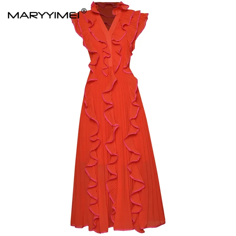 MARYYIMEI модное летнее вечернее платье для подиума, женское шифоновое платье с v-образным вырезом, элегантное однотонное плиссированное платье миди с оборками
MARYYIMEI модное летнее вечернее платье для подиума, женское шифоновое платье с v-образным вырезом, элегантное однотонное плиссированное платье миди с оборками