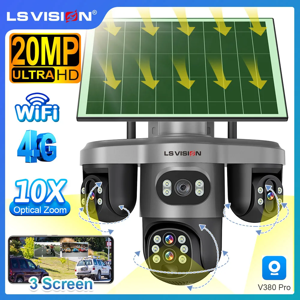 LS VISION 10X Optical Zoom Three PTZ Lens 4G Solar Camera 20MP Three Screen WiFi Human Auto Tracking Surveillance Camera Outdoor
LS VISION 10X Optical Zoom Three PTZ Lens 4G Solar Camera 20MP Three Screen WiFi Human Auto Tracking Surveillance Camera Outdoor