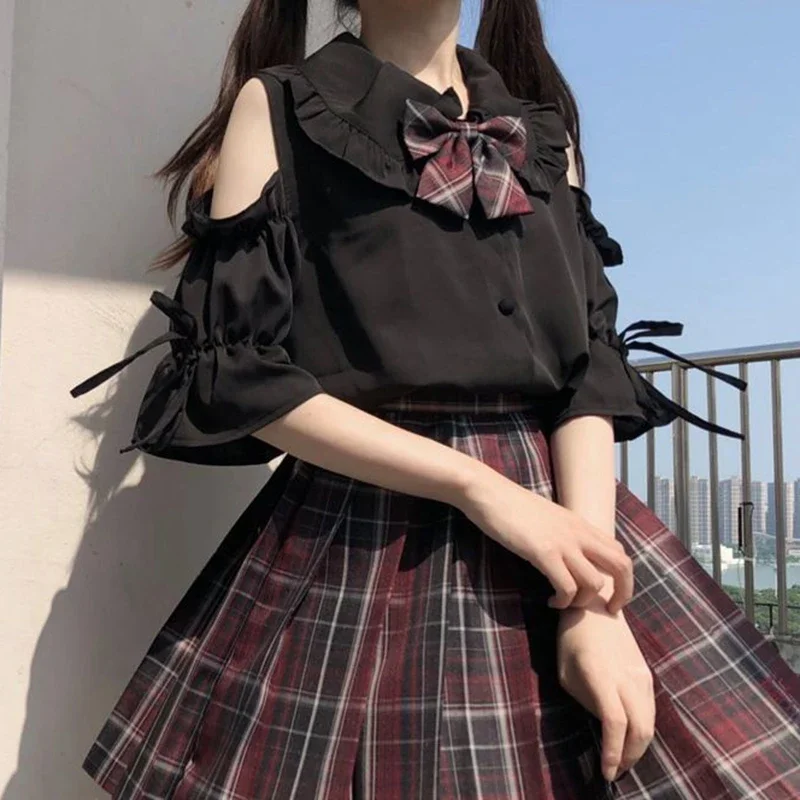JK Elegant Blouse Japanese Sweet Cold Shoulder Ruched Short Sleeve Peter Pan Collar Button Up Shirts Women 2025 Hot Saleg
JK Elegant Blouse Japanese Sweet Cold Shoulder Ruched Short Sleeve Peter Pan Collar Button Up Shirts Women 2025 Hot Saleg