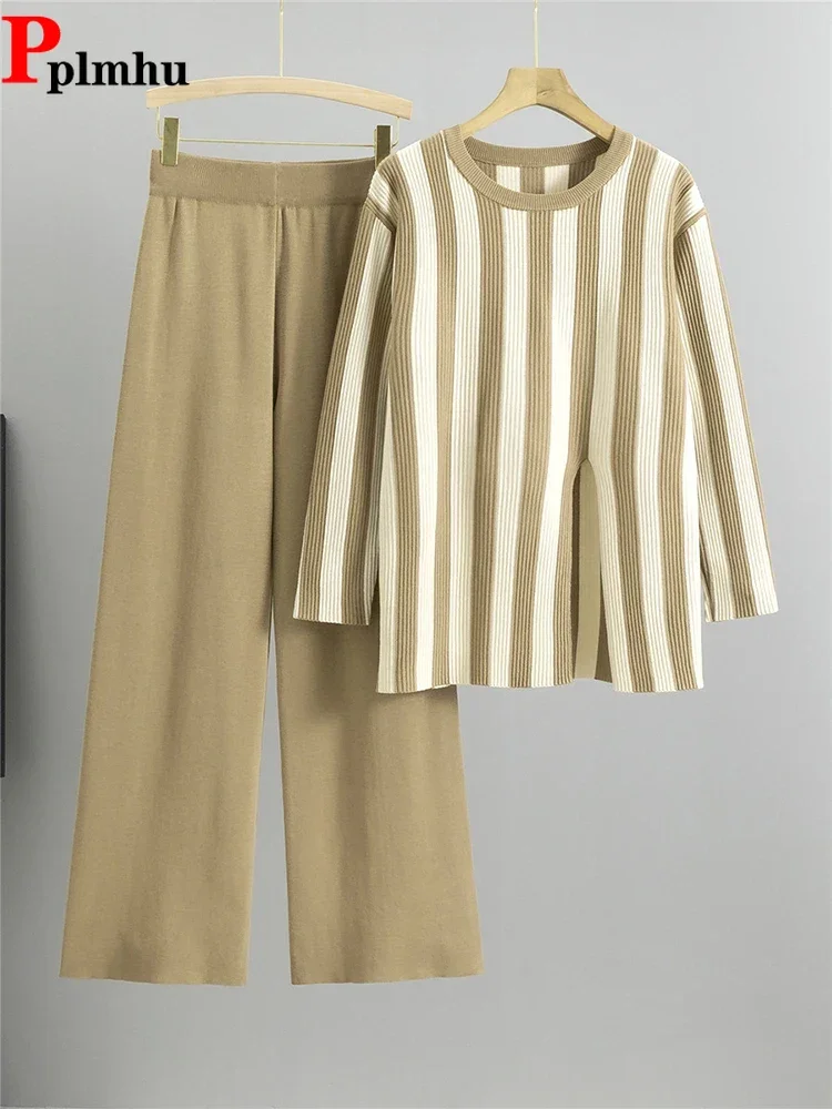 O-neck Striped Split Knit Tops 2 Piece Sets Spring Fall Wide Leg Pants Outfit Women's Casual Long Sleeve Knitwear Pullover Suits
O-neck Striped Split Knit Tops 2 Piece Sets Spring Fall Wide Leg Pants Outfit Women's Casual Long Sleeve Knitwear Pullover Suits