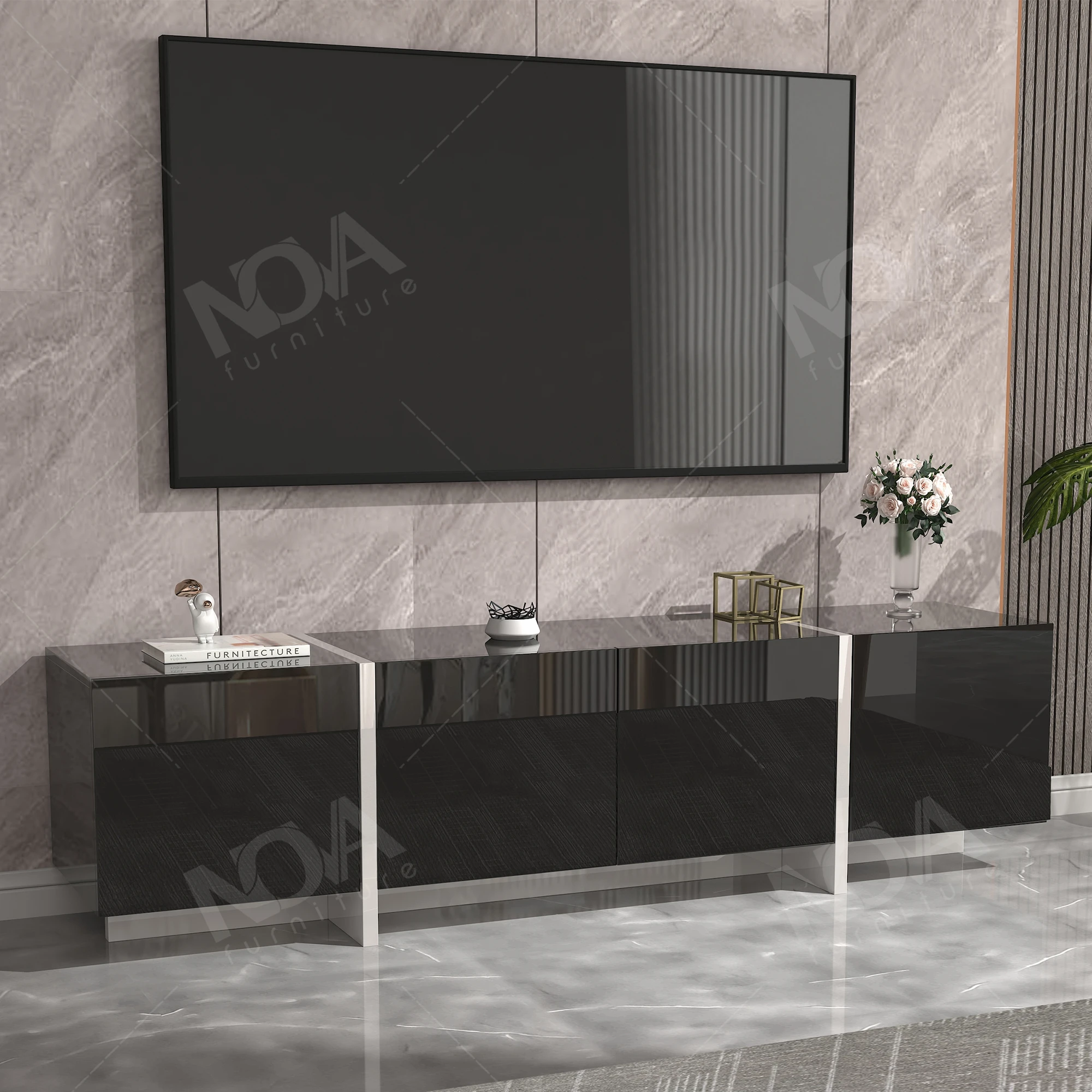 Modern black high-gloss 4-door TV stand, simple style living room entertainment center decorative cabinet 67 inches long TV
Modern black high-gloss 4-door TV stand, simple style living room entertainment center decorative cabinet 67 inches long TV