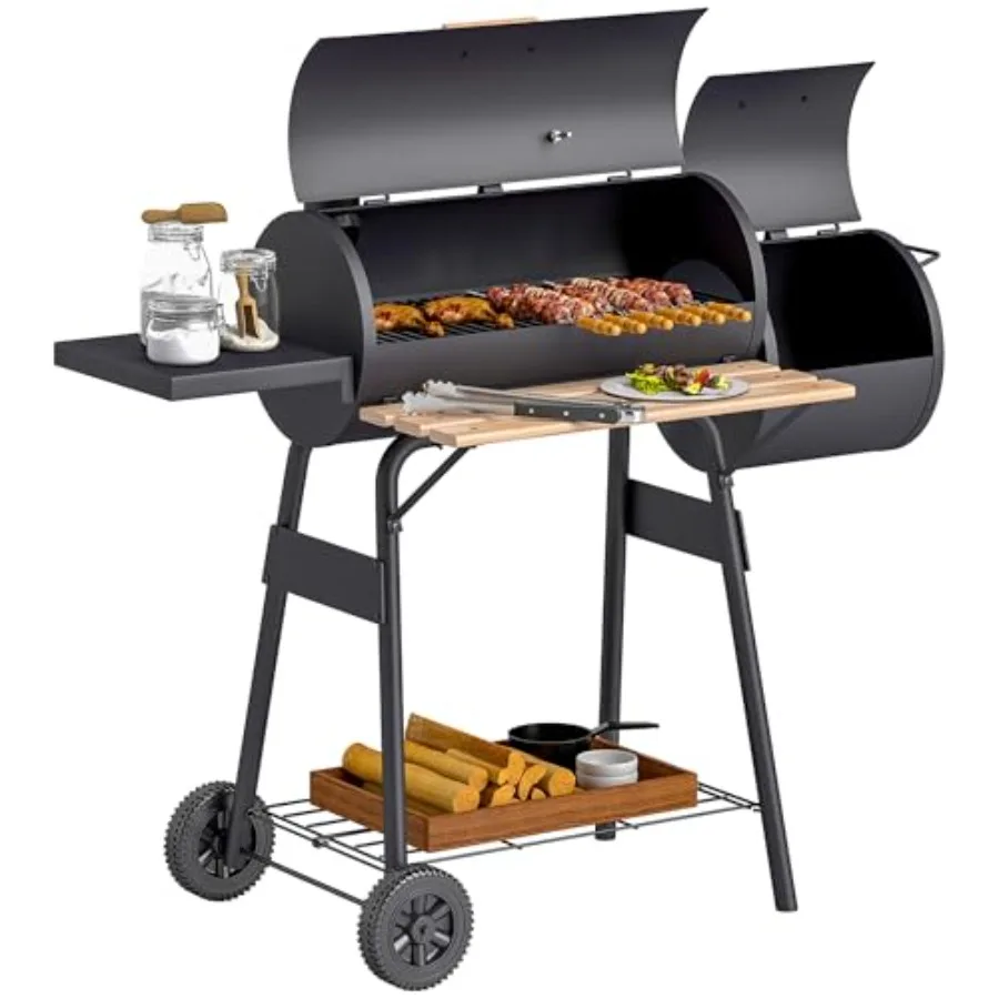 Outdoor charcoal grill with offset smoker: 231 sq.in. cooking area, barrel BBQ combo, black steel, side tables, shelf, built-in
Outdoor charcoal grill with offset smoker: 231 sq.in. cooking area, barrel BBQ combo, black steel, side tables, shelf, built-in
