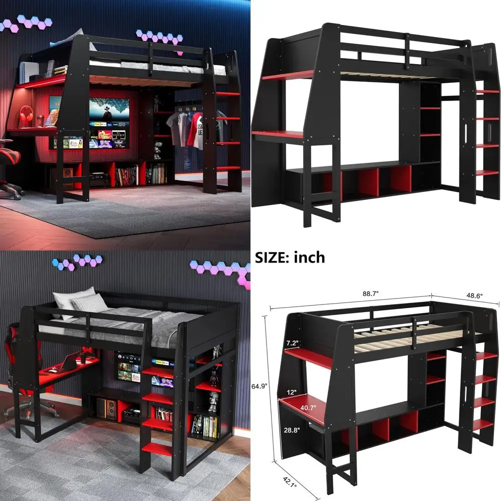 Twin Gaming Bed with Desk, Solid Wood Bed with Wardrobe and Storage, LED-lit Bed for Kids, Teens, Adults, Black & Red
Twin Gaming Bed with Desk, Solid Wood Bed with Wardrobe and Storage, LED-lit Bed for Kids, Teens, Adults, Black & Red