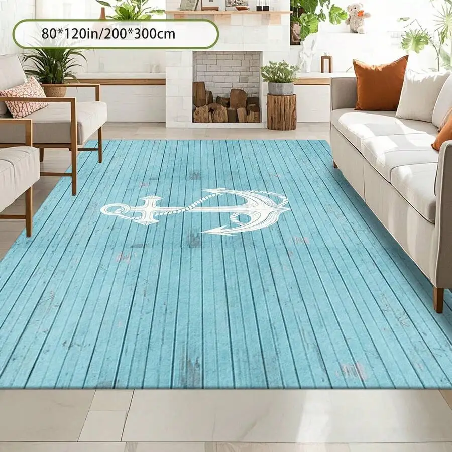 Blue Nautical Anchor Pattern Printed Area Rug For Living Room Bedroom Indoor Outdoor Use