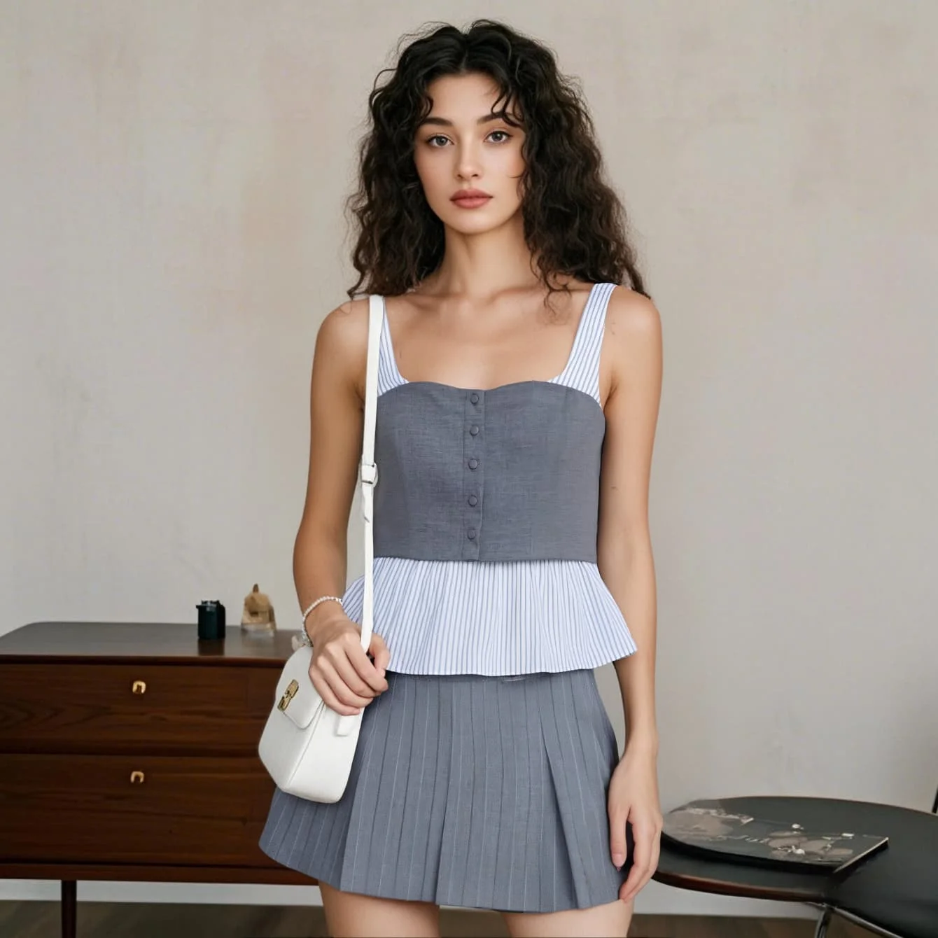 2025 Taop&Za2025 Spring New Gray Series Striped Splicing Strap Top High Waist Mini Skirt Set
2025 Taop&Za2025 Spring New Gray Series Striped Splicing Strap Top High Waist Mini Skirt Set