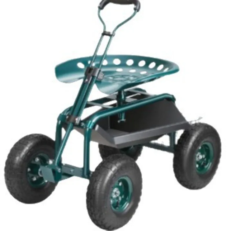 360 degree rotating adjustable seat Garden tool cart Iron four-wheel gardening cart with rear frame 
360 degree rotating adjustable seat Garden tool cart Iron four-wheel gardening cart with rear frame