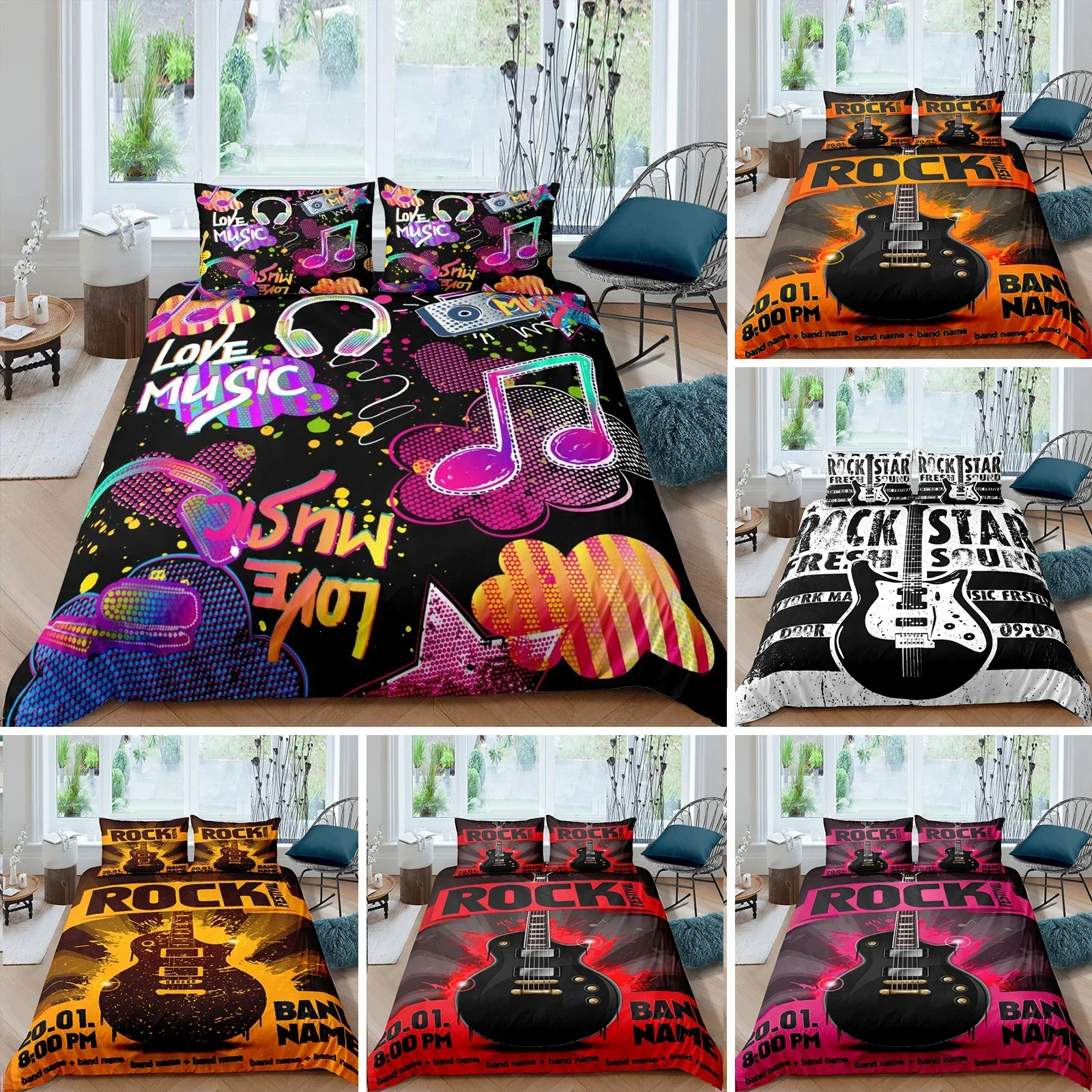 Rock Music King Queen Duvet Cover Electric Guitar Punk Style Bedding Set Youth Fashion Hip Hop 2/3pcs Polyester Comforter Cover
Rock Music King Queen Duvet Cover Electric Guitar Punk Style Bedding Set Youth Fashion Hip Hop 2/3pcs Polyester Comforter Cover
