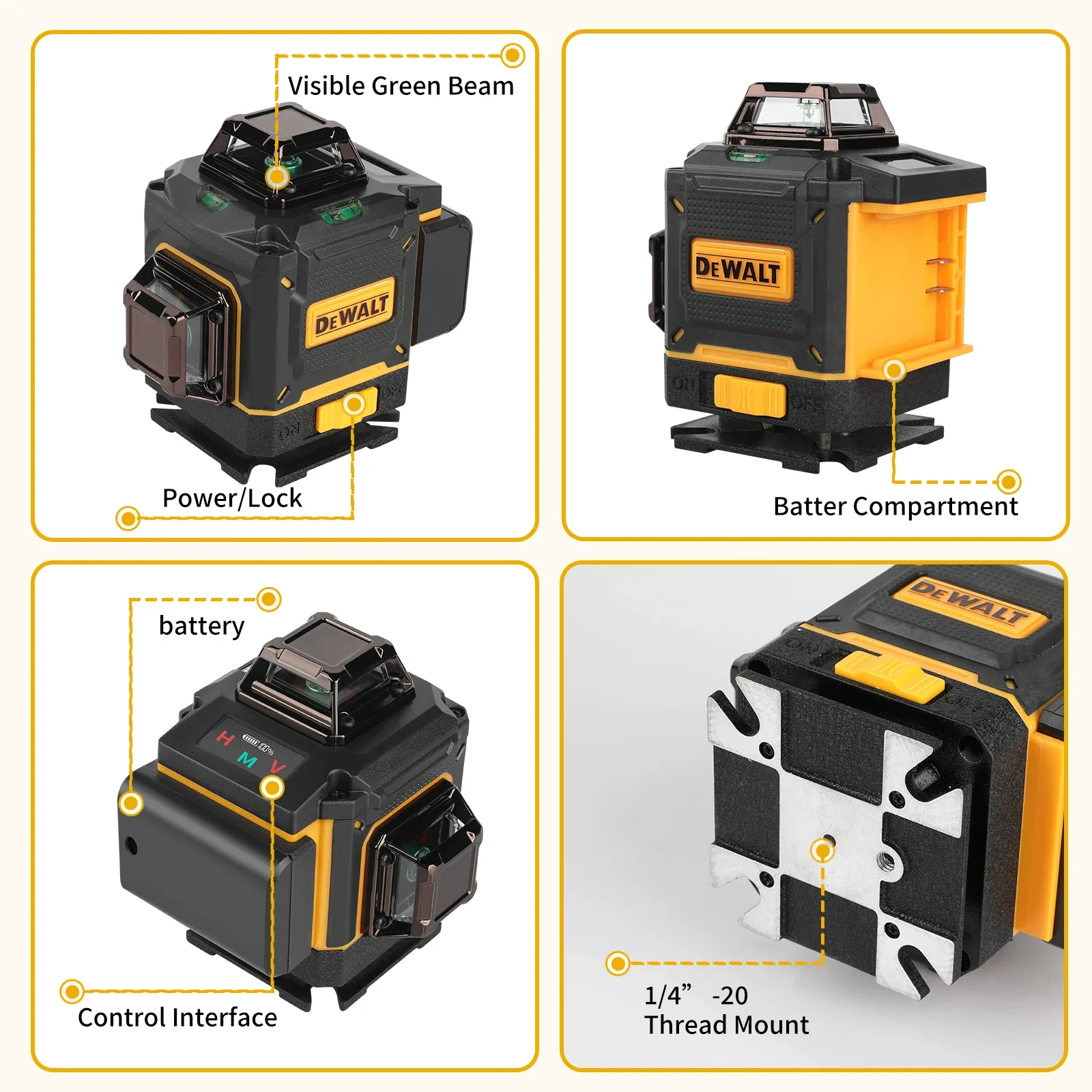 DEWALT new four-sided 360° self-leveling outdoor green laser level, vertical 3-4D16 line precise vertical cross function
DEWALT new four-sided 360° self-leveling outdoor green laser level, vertical 3-4D16 line precise vertical cross function