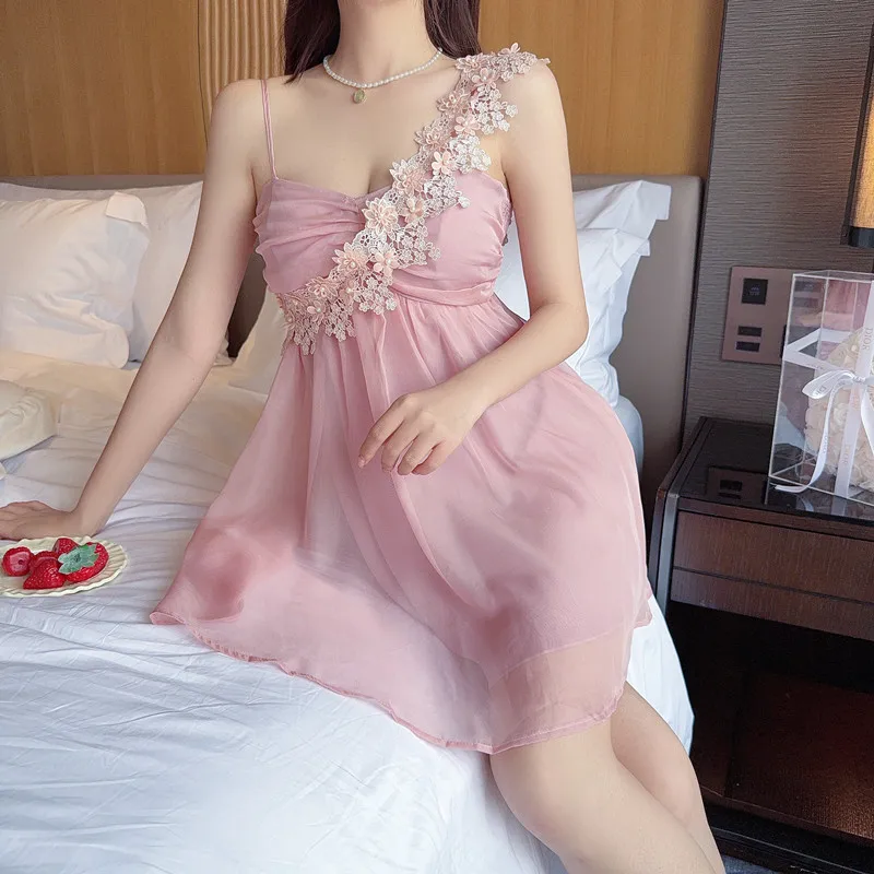 Female Applique Mesh Nightgown Sleepwear Sexy Lace Spaghetti Strap Chiffon Nightdress Summer Home Dress Gown
Female Applique Mesh Nightgown Sleepwear Sexy Lace Spaghetti Strap Chiffon Nightdress Summer Home Dress Gown
