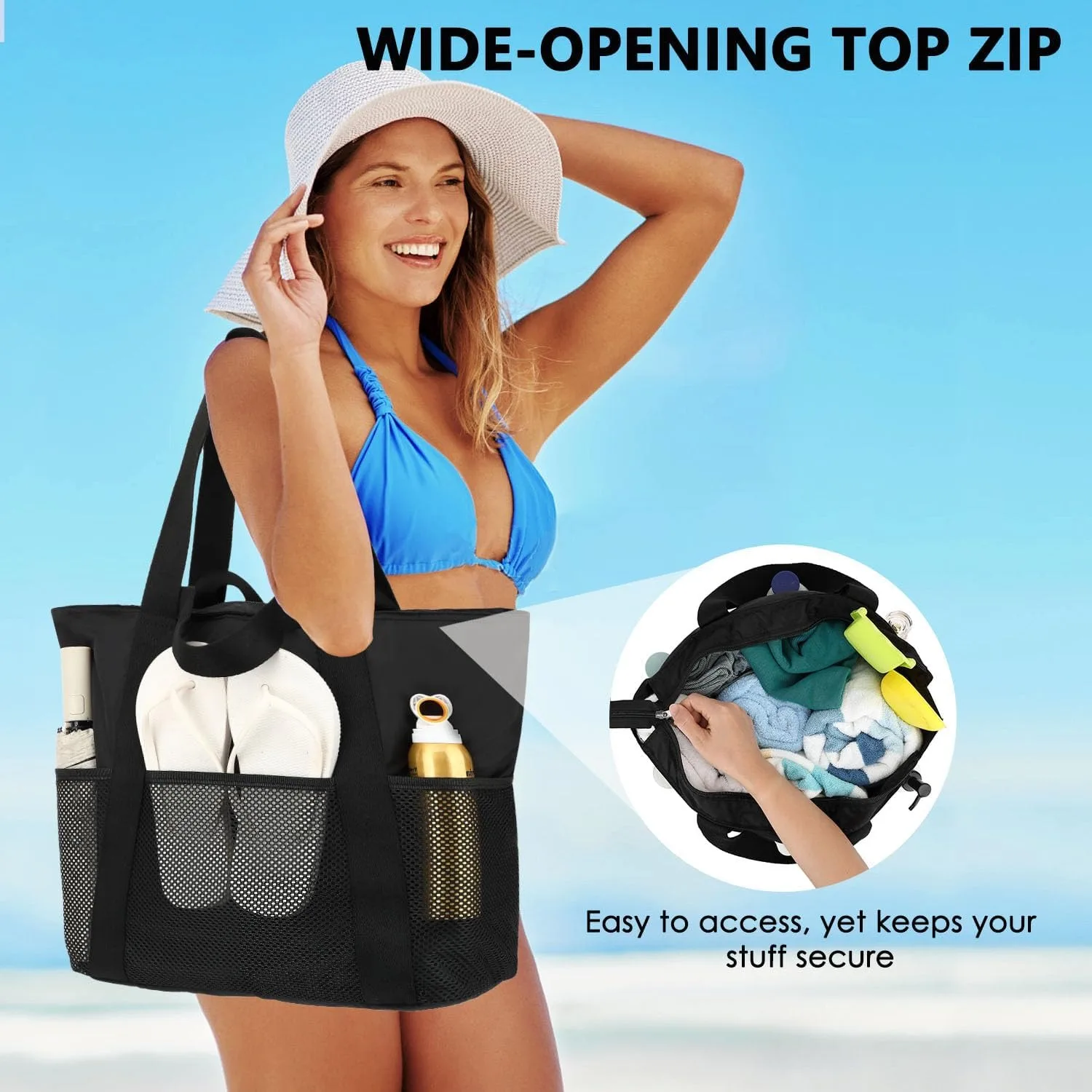 Fammart Mesh Beach Bag with Zipper for Women, Large Beach Tote Sandproof Toys Pool Swim Bag Travel Vacation Cruise Essentials
Fammart Mesh Beach Bag with Zipper for Women, Large Beach Tote Sandproof Toys Pool Swim Bag Travel Vacation Cruise Essentials