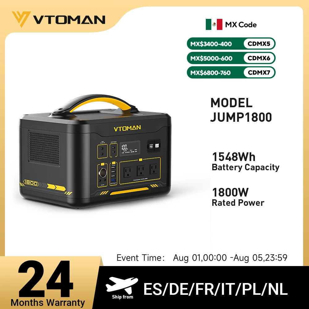 VTOMAN JUMP 1800 Power Station 1548Wh LiFePO4 Battery 1800W Emergency Power Supply for Outdoor Camping Home Energy Power
VTOMAN JUMP 1800 Power Station 1548Wh LiFePO4 Battery 1800W Emergency Power Supply for Outdoor Camping Home Energy Power