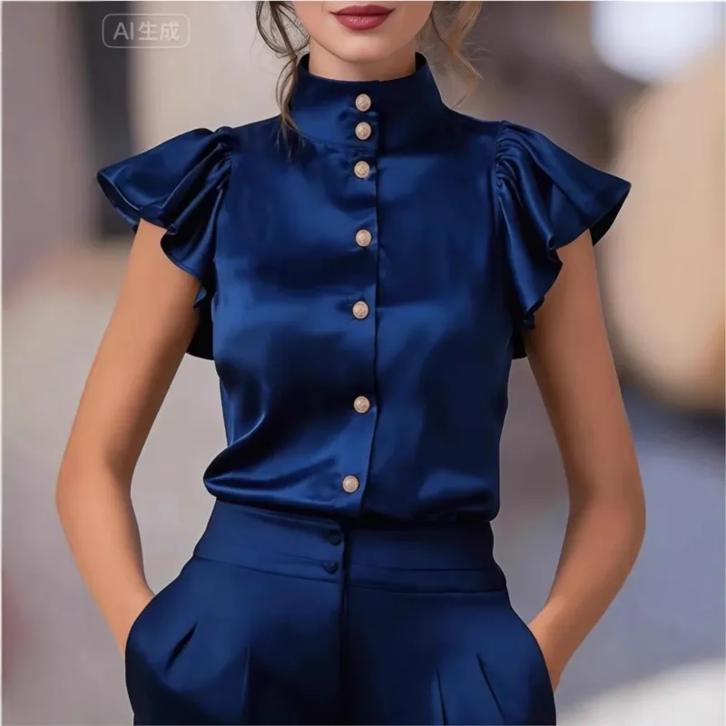 Elegant Satin Blouse Shirt Ruffles Short Sleeve Button Solid Color High Collar Loose Shirts Tops for Women Work Summer 2026
Elegant Satin Blouse Shirt Ruffles Short Sleeve Button Solid Color High Collar Loose Shirts Tops for Women Work Summer 2026