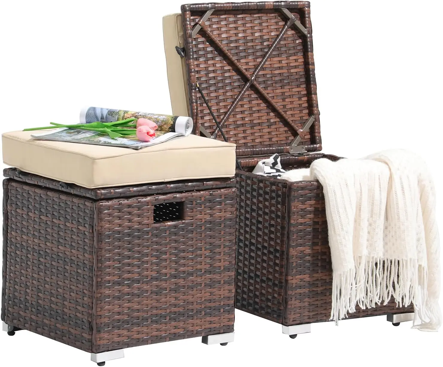 2 Piece Outdoor Patio Ottomans, All-Weather Brown PE Rattan Wicker Ottoman with Storage, Outdoor Footrest Footstool Seat w/T
2 Piece Outdoor Patio Ottomans, All-Weather Brown PE Rattan Wicker Ottoman with Storage, Outdoor Footrest Footstool Seat w/T