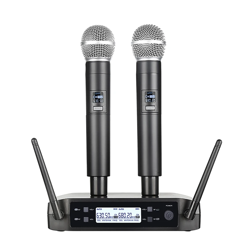 Двухканальный беспроводной микрофон UHF, ручной динамический микрофон с фиксированной частотой для караоке, свадьбы, вечеринки, церкви, шоу
Двухканальный беспроводной микрофон UHF, ручной динамический микрофон с фиксированной частотой для караоке, свадьбы, вечеринки, церкви, шоу