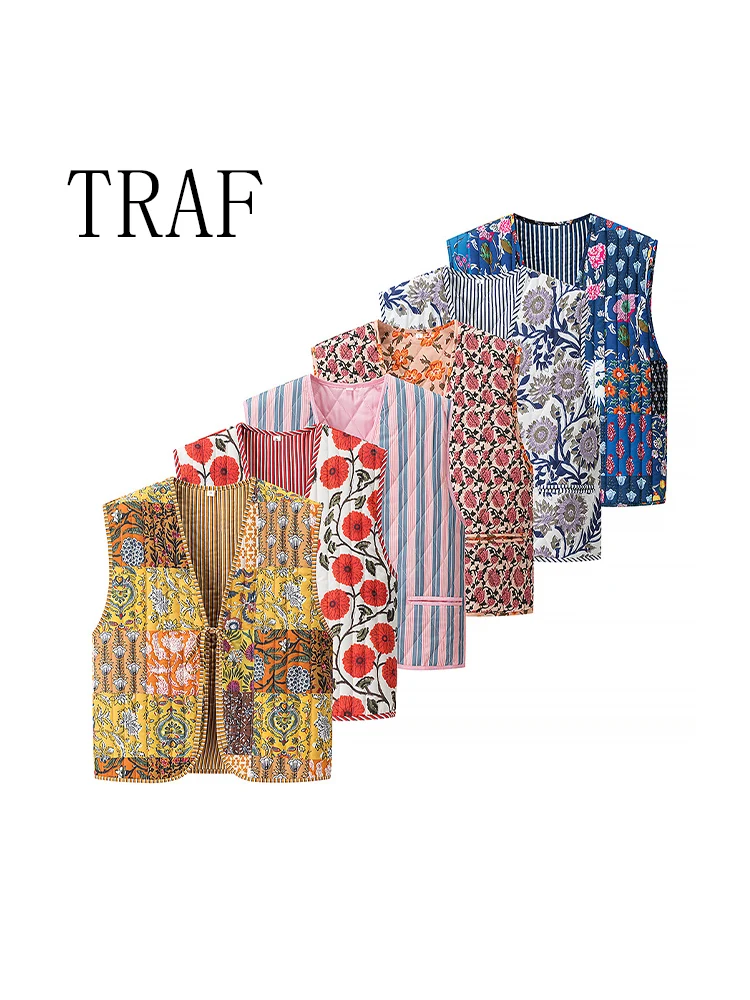 TRAF European and American style new women's fashion all-match contrast color printed cardigan lace-up vest sleeveless short ves 
TRAF European and American style new women's fashion all-match contrast color printed cardigan lace-up vest sleeveless short ves