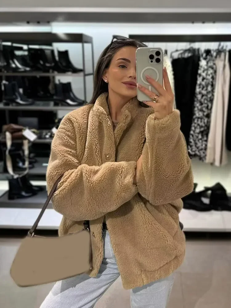 Lady Daily Commute Outerwear Casual Brown Fleece Chic Crop Coats Women Solid Lapel Single Breasted Full Sleeves Loose Jacket
Lady Daily Commute Outerwear Casual Brown Fleece Chic Crop Coats Women Solid Lapel Single Breasted Full Sleeves Loose Jacket
