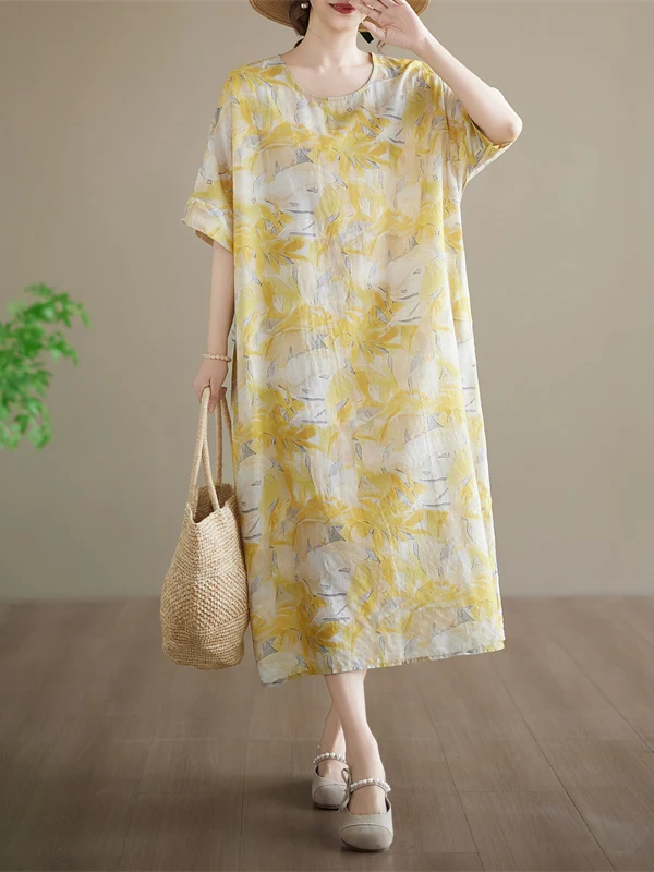 Summer Loose Large Size Cotton Linen Print round Neck Short Sleeve Knee-Length Dress Slimming Thin Skin-Friendly Long Dress
Summer Loose Large Size Cotton Linen Print round Neck Short Sleeve Knee-Length Dress Slimming Thin Skin-Friendly Long Dress