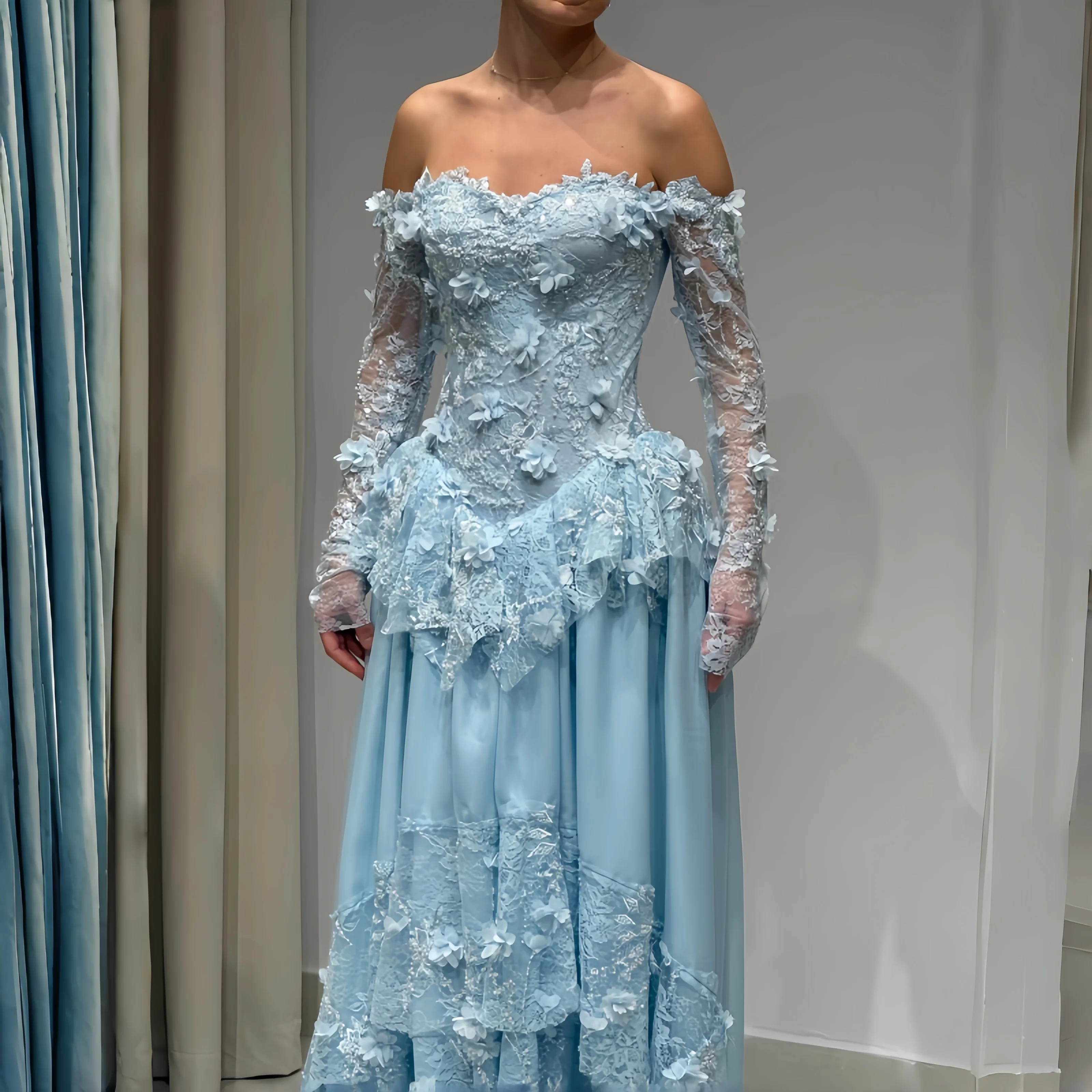 Elegant 3D Flowers Dubai Evening Dress Blue Long Sleeves Women Wedding Party Gown Off Shoulder Ruffles Formal Gown Customized
Elegant 3D Flowers Dubai Evening Dress Blue Long Sleeves Women Wedding Party Gown Off Shoulder Ruffles Formal Gown Customized
