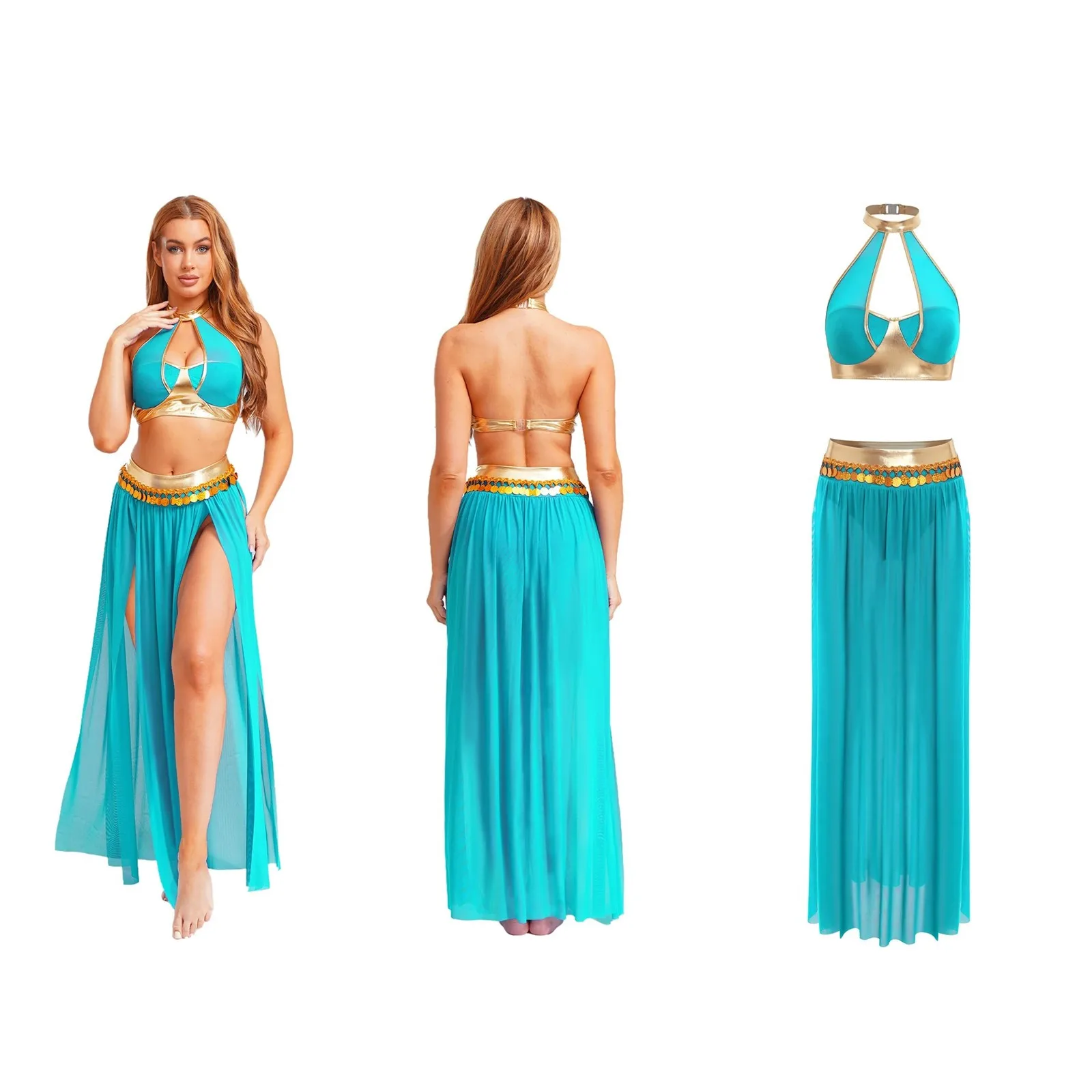 Womens Belly Dance Spliced Outfits Halter Backless Crop Top And Split Mesh Skirt with Sequin Tassel for Halloween Carnival Party
Womens Belly Dance Spliced Outfits Halter Backless Crop Top And Split Mesh Skirt with Sequin Tassel for Halloween Carnival Party