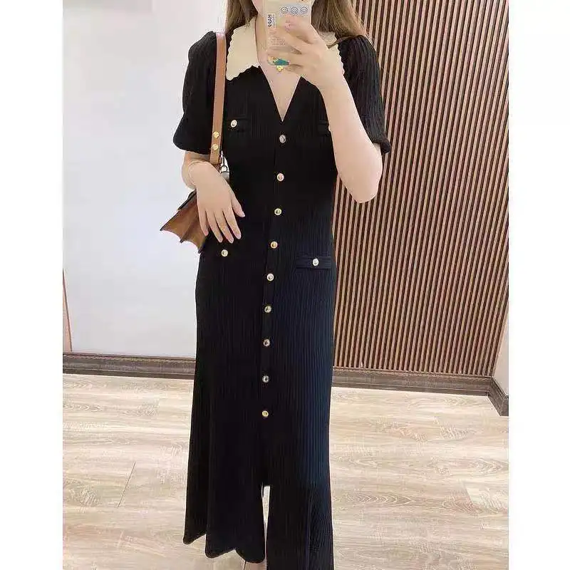Women's Knitted Dress 2024 New Spring Summer Contrasting Color Turn Down Collar Sweet Short Sleeve Robes
Women's Knitted Dress 2024 New Spring Summer Contrasting Color Turn Down Collar Sweet Short Sleeve Robes