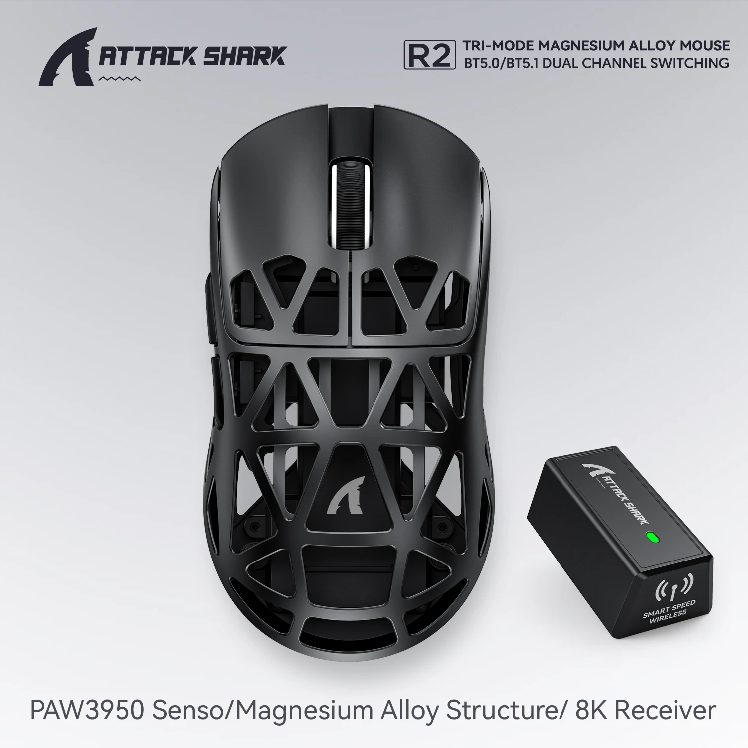 ATTACK SHARK R2 Magnesium Alloy 42000DPI Wireless Gaming Mouse,PAW3950 Sensor,750IPS,8000Hz High Brush FPS Gaming Mouse