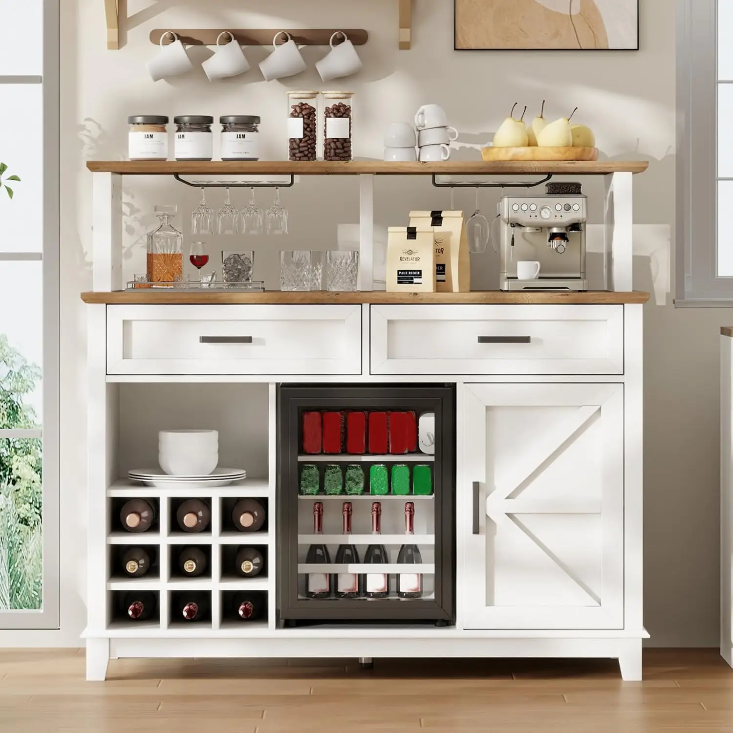 47" Rustic Coffee Bar Cabinet with Mini Fridge, Barn Door, Glass Racks, Kitchen Buffet Hutch, Dining Room, White, Customized
47" Rustic Coffee Bar Cabinet with Mini Fridge, Barn Door, Glass Racks, Kitchen Buffet Hutch, Dining Room, White, Customized