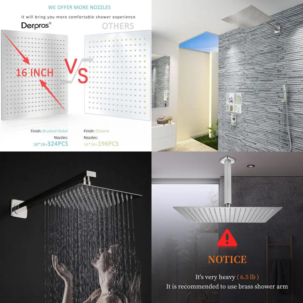 16 Square High-Pressure Rain Shower Head, 304 Stainless Steel, Brushed Nickel Finish, 324 Jets
16 Square High-Pressure Rain Shower Head, 304 Stainless Steel, Brushed Nickel Finish, 324 Jets