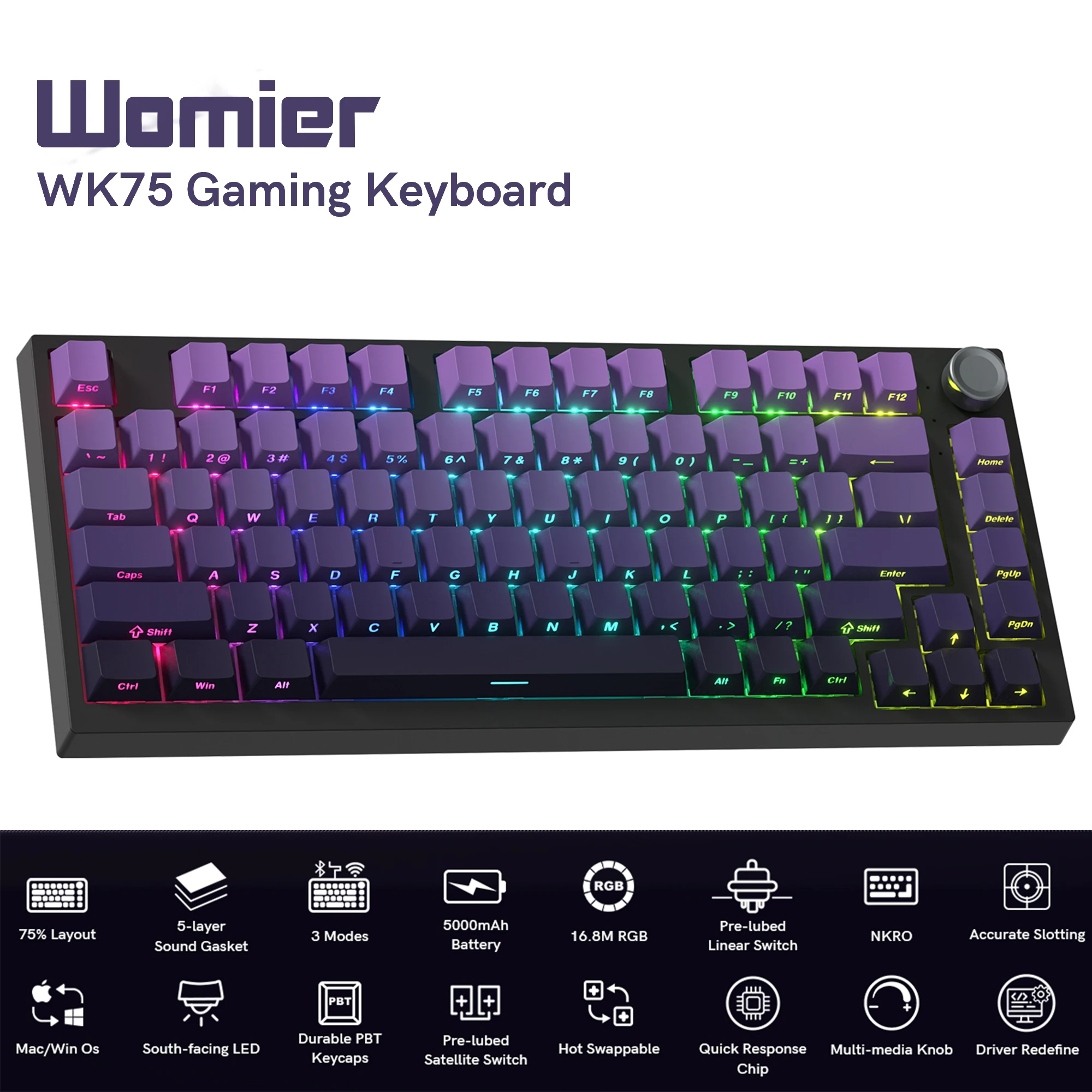 WK75 Gradient Purple Knob 75% TKL Tri-Mode Wireless 2.4G Bluetooth Mechanical Keyboard Hot Swap Gamer Keyboard RGB Backlit
WK75 Gradient Purple Knob 75% TKL Tri-Mode Wireless 2.4G Bluetooth Mechanical Keyboard Hot Swap Gamer Keyboard RGB Backlit