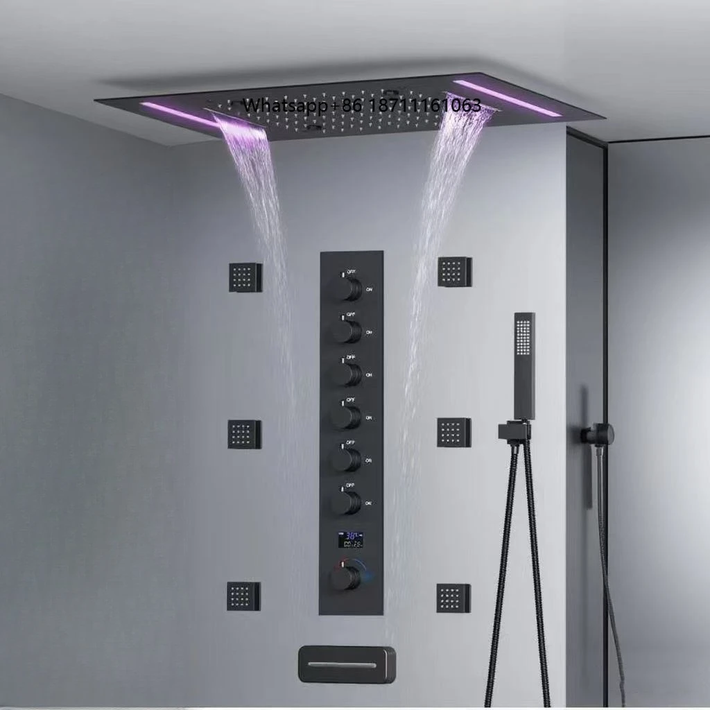 Bathroom Luxury LED Matt Black Thermostatic High Flow Shower Set System Concealed Ceiling Big Rain Waterfall Showerhead Set
Bathroom Luxury LED Matt Black Thermostatic High Flow Shower Set System Concealed Ceiling Big Rain Waterfall Showerhead Set