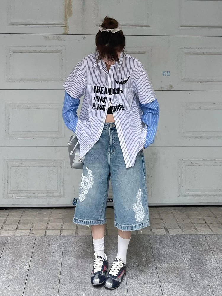 Women's Lace Print Design Wide Leg Thin Denim Shorts Summer Shorts Loose Capris Female High Waist Blue Calf-length Jeans
Women's Lace Print Design Wide Leg Thin Denim Shorts Summer Shorts Loose Capris Female High Waist Blue Calf-length Jeans
