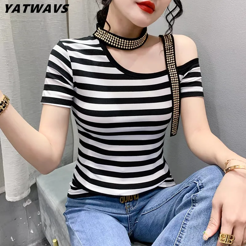 Summer Korean Sweet Girl Clothes T-Shirt Fashion Striped Sexy Skew Collar Diamonds Chain Women Tops Off Shoulder Cotton Tees
Summer Korean Sweet Girl Clothes T-Shirt Fashion Striped Sexy Skew Collar Diamonds Chain Women Tops Off Shoulder Cotton Tees