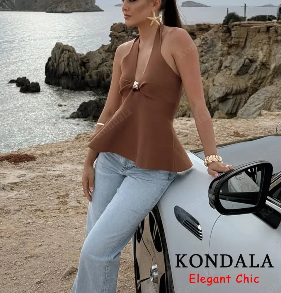 KONDALA осенние женские элегантные коричневые топы без рукавов с v-образным вырезом и лямкой на шее, рюшами, новинка 2025, летние модные топы для пляжной вечеринки и отдыха 
KONDALA осенние женские элегантные коричневые топы без рукавов с v-образным вырезом и лямкой на шее, рюшами, новинка 2025, летние модные топы для пляжной вечеринки и отдыха