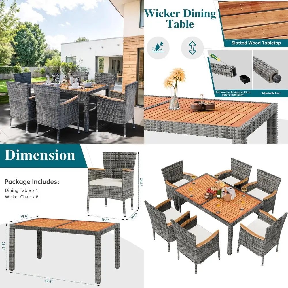 Grey Wicker 7-Piece Patio Dining Set with Wooden Table and Cushioned Chairs for Outdoor Garden and Deck
Grey Wicker 7-Piece Patio Dining Set with Wooden Table and Cushioned Chairs for Outdoor Garden and Deck