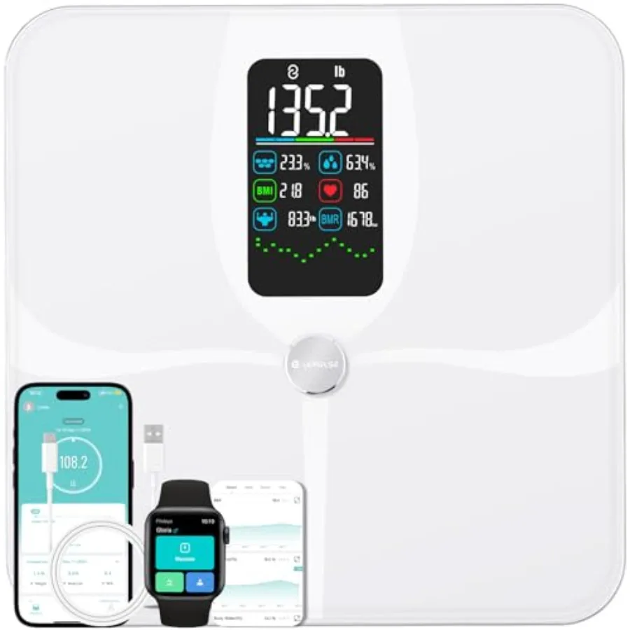Bathroom scale for home use, tempered glass, white, high-accuracy 22-body-composition analysis with BMI, body fat, muscle mass,
Bathroom scale for home use, tempered glass, white, high-accuracy 22-body-composition analysis with BMI, body fat, muscle mass,