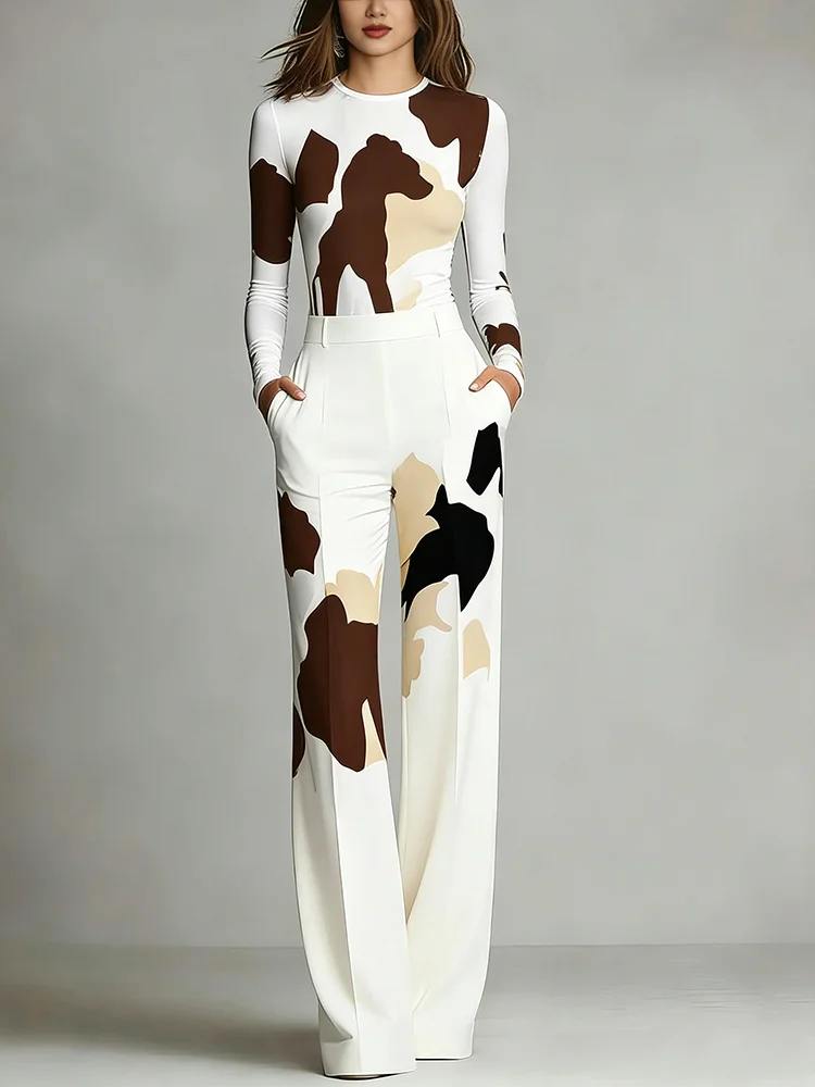 Women's Fashion Abstract Cow Print 2 Piece Set Long Sleeve Slim Top And Wide Leg Pants Casual Street Style Chic Outfit Set
Women's Fashion Abstract Cow Print 2 Piece Set Long Sleeve Slim Top And Wide Leg Pants Casual Street Style Chic Outfit Set