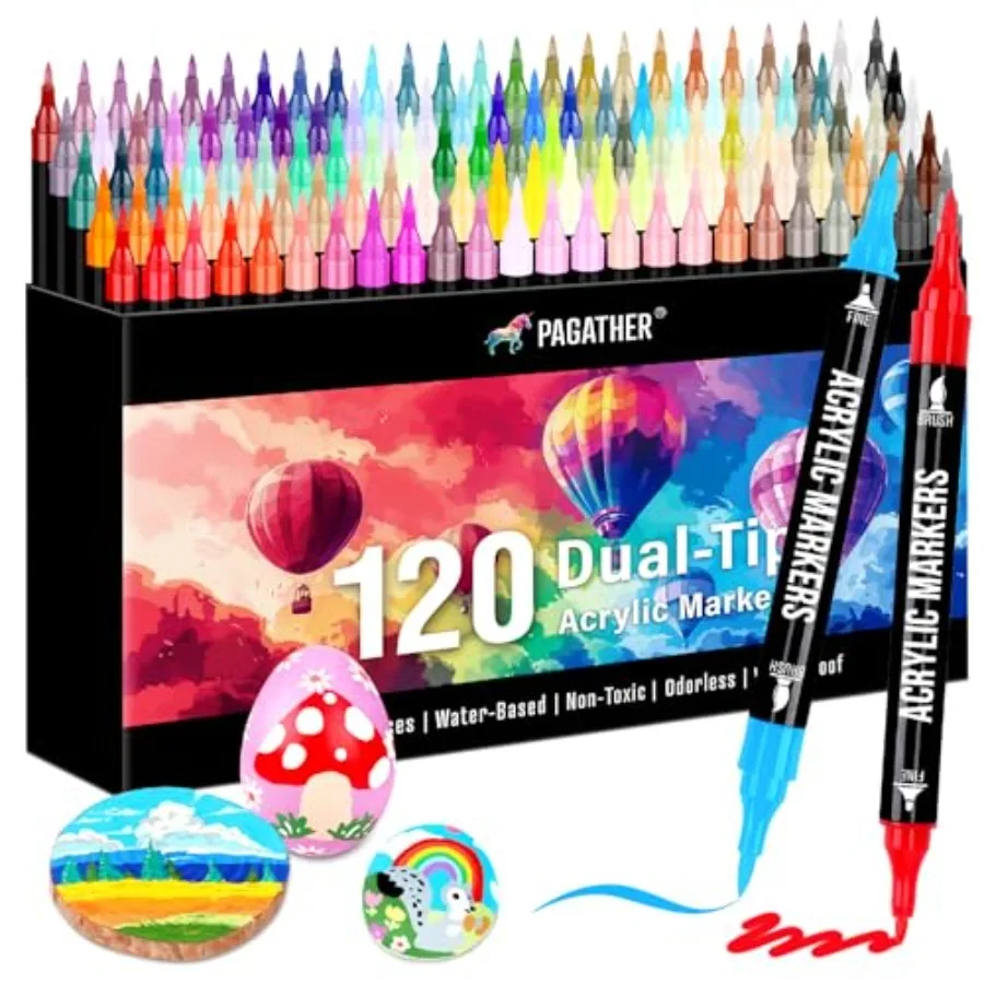 Acrylic Paint Markers, Dual Tip Fine Tip and Brush Tip Pens Contain for Stone, Wood, Calligraphy, Canvas, Ceramic, Metal, Glass
Acrylic Paint Markers, Dual Tip Fine Tip and Brush Tip Pens Contain for Stone, Wood, Calligraphy, Canvas, Ceramic, Metal, Glass