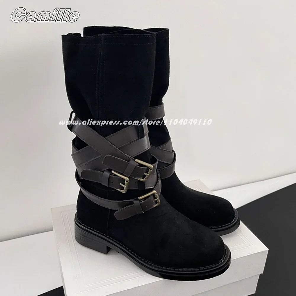 Коровья замша Коричневые сапоги до колена с пряжкой на ремне Осенние новые модные ковбойские сапоги в подиумном стиле Повседневные ботинки на платформе с круглым носком 
Коровья замша Коричневые сапоги до колена с пряжкой на ремне Осенние новые модные ковбойские сапоги в подиумном стиле Повседневные ботинки на платформе с круглым носком