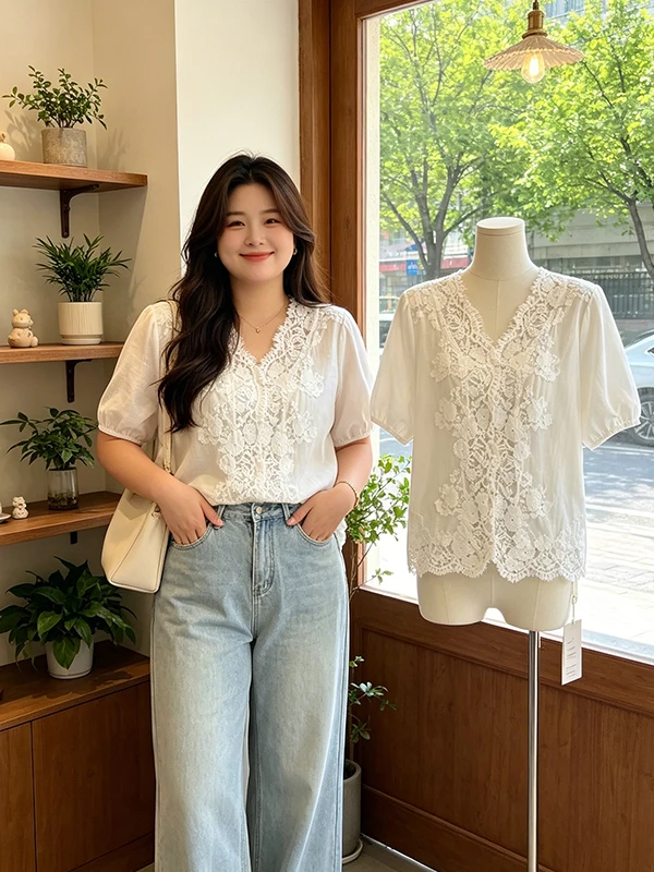 plus Size Women's Summer Shirt Lace Splicing V-Neck Short Sleeve Simple Korean Style Design Small Batch Female Top
plus Size Women's Summer Shirt Lace Splicing V-Neck Short Sleeve Simple Korean Style Design Small Batch Female Top