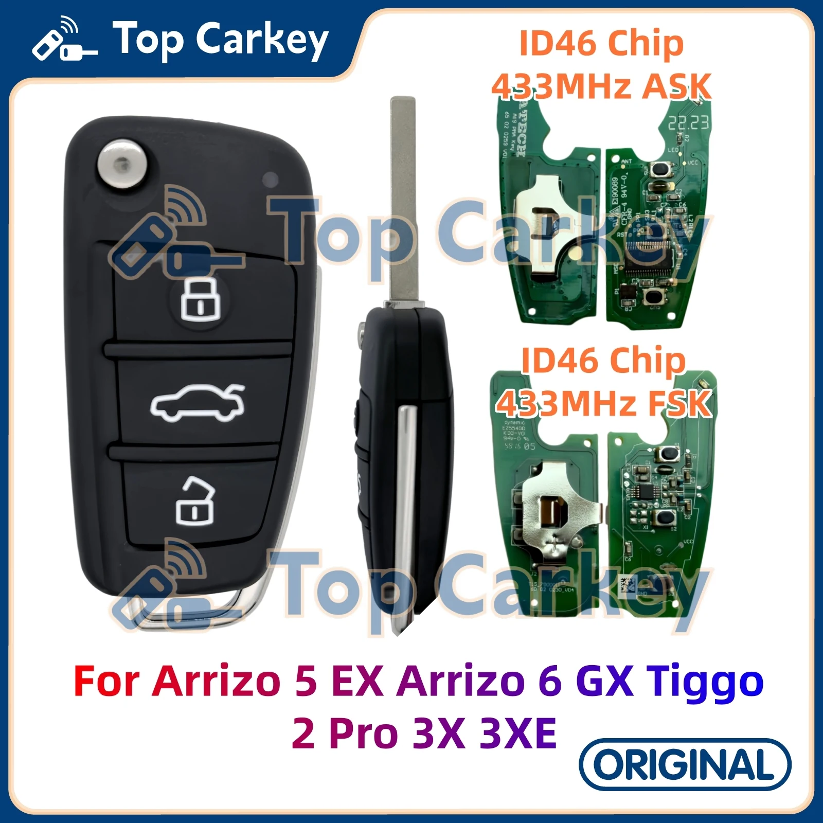 TopCarkey Original 3 Buttons Remote Key ID46 Chip 433MHz for Chery Arrizo 5 EX Arrizo 6 GX Tiggo 2 Pro 3X 3XE
TopCarkey Original 3 Buttons Remote Key ID46 Chip 433MHz for Chery Arrizo 5 EX Arrizo 6 GX Tiggo 2 Pro 3X 3XE