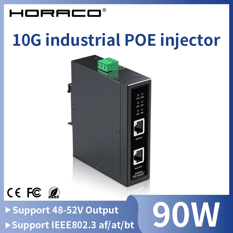 HORACO 10G industrial POE Injector 90W DIN Rail IEEE 802.3 af/at/bt Plug&Play 48-55V for POE Camera,Wireless AP,Wi-Fi Bridge
HORACO 10G industrial POE Injector 90W DIN Rail IEEE 802.3 af/at/bt Plug&Play 48-55V for POE Camera,Wireless AP,Wi-Fi Bridge