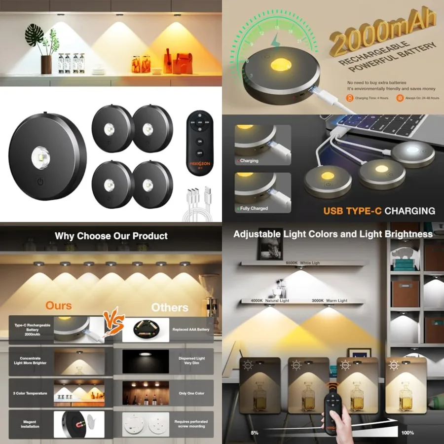 Puck Lights with Remote Control, Rechargeable Wireless Under Cabinet Lighting, 5 Pcs Dark Grey - Tap Push Touch Lights for Coun
Puck Lights with Remote Control, Rechargeable Wireless Under Cabinet Lighting, 5 Pcs Dark Grey - Tap Push Touch Lights for Coun