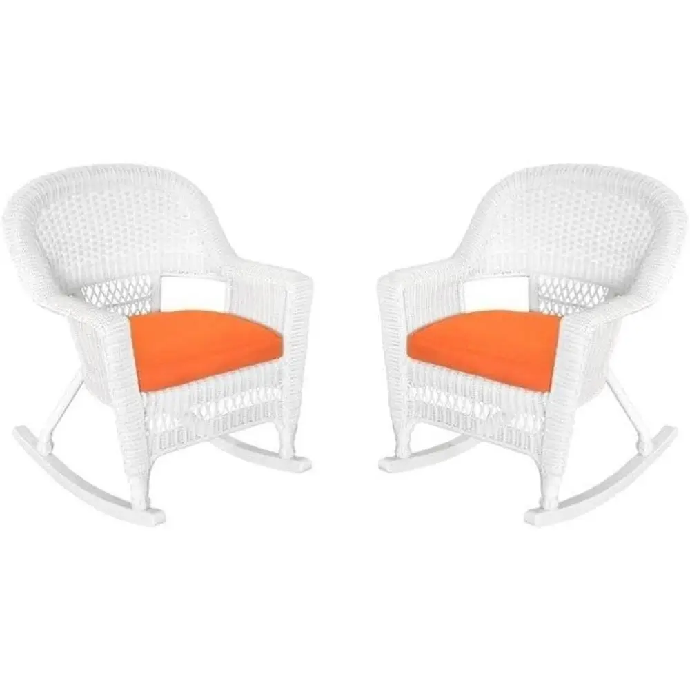 Pair of Weather-Resistant Resin Wicker Rocking Chairs with Steel Frame and Orange Cushions
Pair of Weather-Resistant Resin Wicker Rocking Chairs with Steel Frame and Orange Cushions