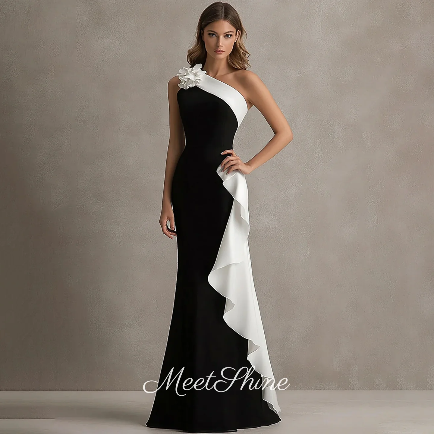 Classical Black White One Shoulder Mermaid Evening Dress 3D Flower Ruffled Satin Sleeveless Formal Wedding Prom Dress Customized
Classical Black White One Shoulder Mermaid Evening Dress 3D Flower Ruffled Satin Sleeveless Formal Wedding Prom Dress Customized