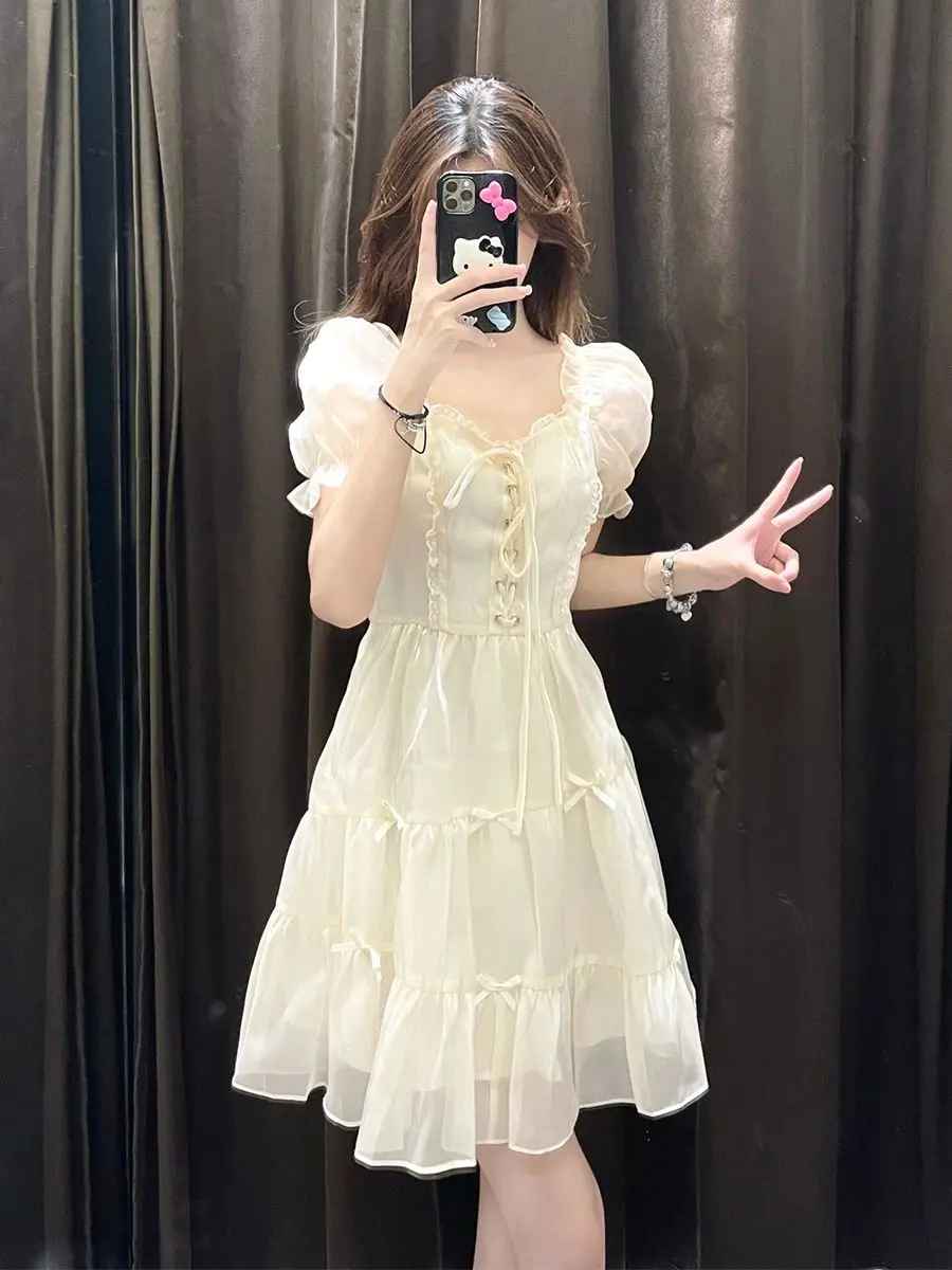 Women Dress Lace Square Neck Puffy Skirt with Bubble Sleeves, Apricot Colored Dress for Women, Summer
Women Dress Lace Square Neck Puffy Skirt with Bubble Sleeves, Apricot Colored Dress for Women, Summer